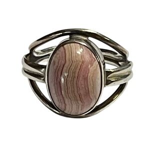 925 Sterling Silver Large Open Back Banded Beetroot Stone Statement Ring